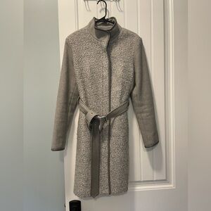 Vince Camuto Faux Leather Trimmed Belted Boucle Wool Coat